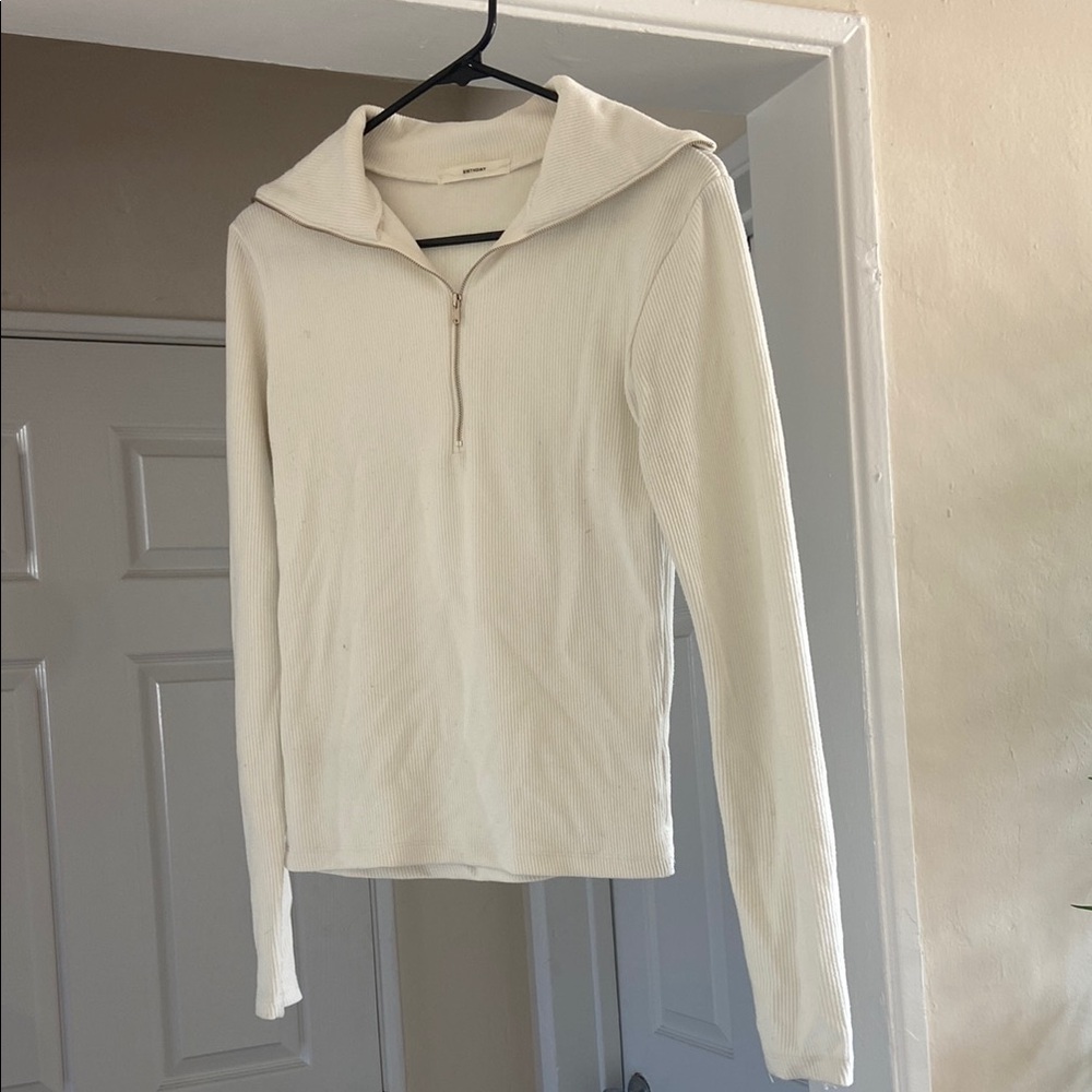 Cream Fitted Ribbed Polo Long Sleeve Top